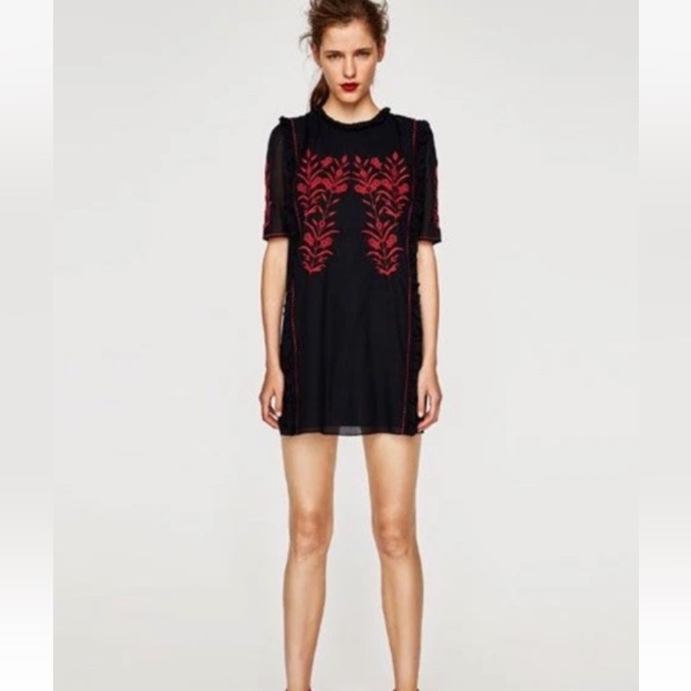 Zara Black Red Embroidery Boho Mini cotton Dress l Folk Ruffles beach Sz small